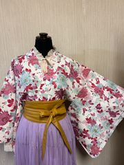 レディース　着物　和洋折衷コーデ　和洋ミックスコーデ　カジュアル着物　春先コーデ　花柄　かわいい　羽織　計4点セット