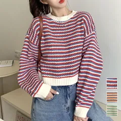 ボーダーニットセーター 秋 冬 韓国ファッション 10代 20代 30代 レディース 長袖 クロップド丈 可愛い カジュアル 暖かい おしゃれ