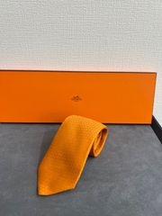 エルメス ネクタイ ファソネ H織りタイ H柄 無地 オレンジ 光沢 中古