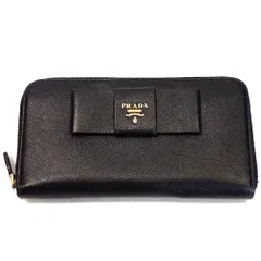 Th982562 プラダ ラウンドファスナー長財布 サフィアーノ リボン ブラック/ゴールド金具 本革 レディース PRADA 中古