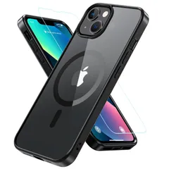 ブラック+クリア 6.1インチ 用ケース 13/14 iPhone ストラップホール付き マグセーフ対応 カバー いphone14 耐久性 耐衝撃 米軍MIL規格 アイフォン13ケース 黄ばみなし マグネット搭載 【ガラスフィルム付き・MagSafe対応】 B