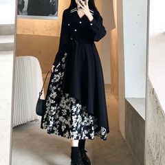 レディース ロングワンピース 切替 春秋 ゆったり 可愛い 長袖 花柄 Vネック 大きいサイズ LWDA179(M-5XL)