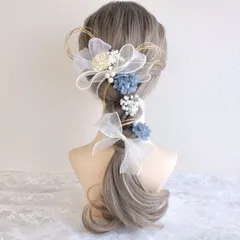 髪飾り ヘッドドレス＊結婚式 成人式 卒業式 和装 打掛 振袖 袴~ソラダリア リボン チュール パール 水引~ブルー 青 水色 12本