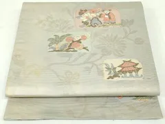 平和屋着物●六通柄袋帯　夢市楽　色紙人物草花文　金糸　正絹　逸品　DAAU6901obのサムネイル