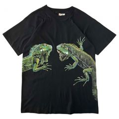 美品 M 90s ヴィンテージ カナダ製 イグアナ Tシャツ コットンポリ シングルステッチ アート 爬虫類 ブラック グリーン