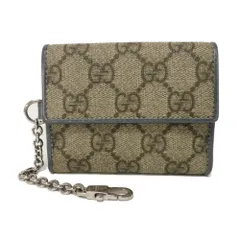 GUCCI グッチ GGスプリーム ミニ ウォレット キーリングチェーン ブルーグレー 札入れ カードケース コインケース コンパクトウォレット ダブルG ベージュ 三つ折り財布 256442