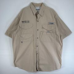 古着 コロンビア Columbia 半袖シャツ PFG フィッシングギア ワンポイント ロゴ フラップポケ S  ベージュ 無地 メンズ