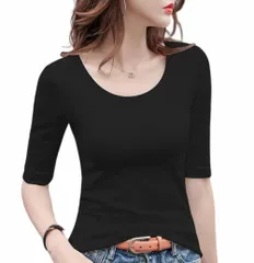 【特価セール】Uネック カットソー 春秋 夏 ストレッチ レディース トップス Tシャツ 綿 コットン 5分袖 タイト tシャツ 5分袖Tシャツ 無地 スリム インナー シンプル カジュアル