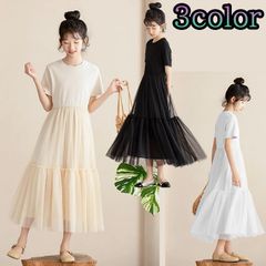 【140～170サイズ】シアースカートワンピース /シフォン/ドレス/半袖/親子コーデ/3color　【KBT】