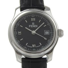 【FENDI】フェンディ ブラックダイアル デイト 210L ステンレススチール×クロコダイル クオーツ アナログ表示 レディース 黒文字盤 腕時計