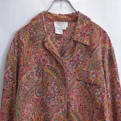 TESS ペイズリー 総柄デザイン シルクシャツ 長袖 ヴィンテージ ワインレッド 絹 比翼シャツ ビンテージ USA アメリカ古着 レディースXLサイズ相当
