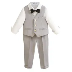 【新品】 [SLINX] ベビー 男の子 フォーマル 子供 スーツ キッズ 紳士服 4点セット 長袖シャツ+ズボン+ 蝶ネクタイ+ベスト イギリス風 洋装フォーマル やわらかい お誕生日 結婚式 BXZ07 (グレー4点SET, 120) 1