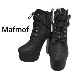 Mafmof★マフモフ 厚底ブーツヒールストーム入りレースアップブーツ