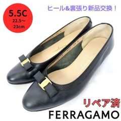 良品❤Ferragamo【フェラガモ】リボン ローヒール パンプス Ferragamo【フェラガモ】ヴァラリボン クロコ型押し ローヒール