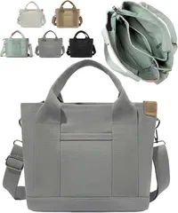 グリーンパキラ はんぷ手提げバッグ トートバック 帆布製 キャンバスバッグ 2WAY ペットボトルが入る ショルダーバッグ 女性用 人気 レディース 斜めがけ ハンドバック 軽量 仕切り付き チャック付き 多機能(グレー)