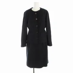 ジェイプレス J.PRESS スーツ フォーマル セットアップ 上下 2点セット ノーカラージャケット タイトスカート ひざ丈 フリル カットオフ ノーベント 総裏地 ツイード 11 L 紺 ネイビー /RO