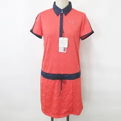 プーマ PUMA GOLF ゴルフ ワンピース シャツワンピ 半袖 ジャガード 幾何柄 インナーパンツ オレンジ  紺 ネイビー S