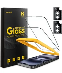 ★iPhone 16 Plus用 ガラスフィルム + カメラフィルム 【2枚セット】 : 米国SGガラス Lamicall 9H硬度 アイフォン 16プラス 15プラス 保護フイルム カメラ保護 レンズカバー 黒縁あり