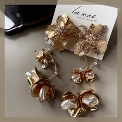 【ブライダル/花嫁様おすすめ】メタルフラワー 大ぶり パール ゴールド/ピアス イヤリング/大ぶり 揺れる フロスト加工 大粒パール お花/ウェディング 結婚式 前撮り/金属アレルギー対応 ステンレス24金コーティング/華やか 春夏秋冬 上品 カラードレス