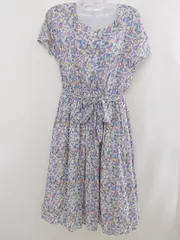 ◇ ◎ NATURAL BEAUTY BASIC 総柄 ウエストゴム 半袖 膝丈 ワンピース サイズM ブルー系 ベージュ マルチ レディース  【1206030009610】