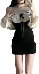 ReiLuana レイルアナ ワンピース タイト セクシー オフショル フリル レース ドレス ミニ スカート 人気 カワイイ おしゃれ レディース 長 袖 キャバ 嬢 リボン 美 脚 デコルテ ボディコン 鎖骨 肩 胸 小顔(ブラック,  L)