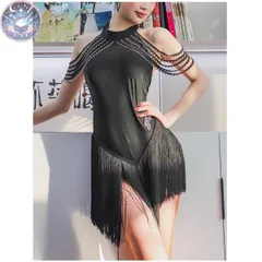 新品 未使用 イズ ベリーダンス衣装 セクシーなオープンバックラテンダンスフリンジドレス - 競技会 パフォーマンス 芸大受験用  セクシーオープンバック ブラック