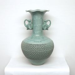 花器 高麗青磁 壺 海泉 透かし彫り 象耳飾り 中古 インテリア 骨董