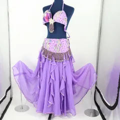 【ベリーダンス用 オリエンタル衣装】パープル ラインストーン×ビーズ パール 紫 フリル 花柄 レース 鮮やか 可愛い 華やか ブラトップ ベルト スカート アクセサリーセット 女性らしい