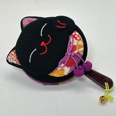 【和柄手鏡　NO.11】猫好きさん必見！縮緬の和柄手鏡🌸　１点物