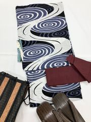 ≪花ラブリ≫MYL336BLA　浴衣　新品　メンズ　男性　Ｌサイズ　うずまき　なると　白　青　ブルー　黒　流水　夏祭り　花火大会
