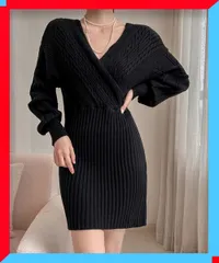 新品 ニット ミニワンピース 秋冬 着やせワンピ ミニドレス きれいめ 肩見せ ニットワンピース 【送料無料】