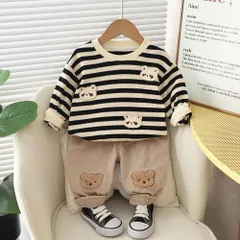 ☆ ブラック ☆ 120CM ☆ セットアップ カジュアル キッズ pmykidssetup16 セットアップ Tシャツ 男の子 長袖シャツ 長袖 シャツ パンツ 長ズボン ズボン トレーナー 子供服 ラウンドネック ストライプ かわいい カジュアル