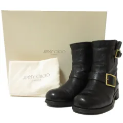 美品 JIMMY CHOO ジミーチュウ レザー ロゴプレート エンジニアブーツ ショートブーツ 36 1/2 約23.5cm ブラック レディース 古着 中古 USED
