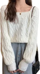 J-Scott ニット レディース セーター プルオーバー ケーブル編み スクエアネック パフスリーブ ショート丈 カジュアル モード らくちん デート シルエット 体型カバー 甘辛ミックス 柔らかい 細身見え 抜け感(アイボリー,  S)