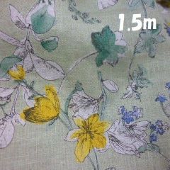 1.5m リネンシーチング生地 草花柄/薄いグリーン地　リネン100%  hokkoh