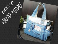 No.313【DENIM✖️パッチワーク丸底マルシェBAG❤️】レザーハンドル