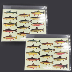 ２枚セット販売　送料無料　キャンプ　アウトドア　フライフィッシング　渓流魚　岩魚　虹鱒　山女魚　山女　ヤマメ　釣り　トラウト　渓流　ニジマス「川の魚　１４匹　ステッカー」（魚サイズ約４０ｍｍ～約５０ｍｍ）※２枚セット販売🎵