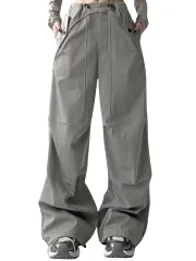 [ブブ オーハナ] ワイド パンツ ゆったり 大きめ オーバー サイズ ビッグ シルエット カジュアル レディース 女性 用 春 夏 秋 冬 服 カーゴ イージー サルエル ペインター ストリート 系 紐 ドローコード 付き ぐれー (JP [グレー] [M]