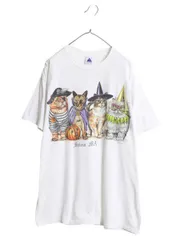 【お得なクーポン配布中!】 90s ネコ イラスト 両面 プリント Tシャツ メンズ レディース XL 古着 オールド アニマル アート グラフィック カットソー 大きいサイズ 白