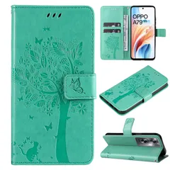 【人気商品】おしゃれ 手帳型 猫 蝶々 内蔵マグネット カードポケット ケース スタンド機能 オッポ A79 A79 5G ケース 防塵 軽量 5G 耐衝撃 全面保護 (グリーン 【Kawasina】OPPO OPPO A79 5G)