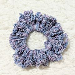 ♡ハンドメイド♡ヘアゴム シュシュ ヘアアクセサリー マーブル毛糸 毛糸 ボリューム 大きい 可愛い １点物 プレゼント パープル ブルー