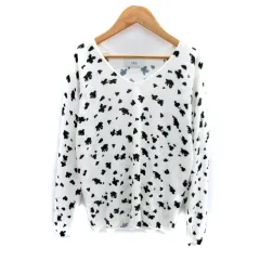 アズールバイマウジー AZUL by moussy ニット カットソー 長袖 Vネック 総柄 S 白 ホワイト 黒 ブラック /SY41