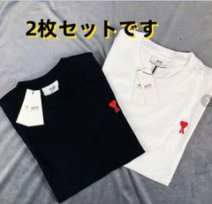 新品 AmiParis アミパリス 半袖 Tシャツ ブラック 男女兼用 赤いハートの刺繍 黑+白 2枚