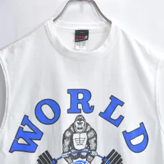 90s アメリカ製 GYM PRO WORLD GYM ワールドジム ロゴプリント ノースリーブ Tシャツ ヴィンテージ ホワイト ボディビル ビンテージ USA古着 メンズ Mサイズ