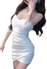 COCO&YUKA(ココアンドユカ) 肩出し シフォン オフショルダー タイト ミニ ワンピース 胸元 セクシー キャバドレス 半袖 カシュクール スカート パット付き( ホワイト,  L)