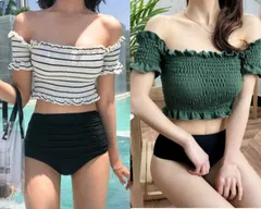 水着 ビキニ オフショルダー タンキニ セパレートフリル シャーリング バイカラー ２way ハイウエスト 体型カバー スタイルアップ ラブリー ストライプ 白 黒 海 ビーチ プール リゾート スイムウェア 海水浴 旅行 シードレス