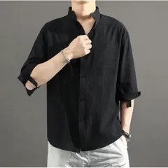 ☆ ブラック ☆ XL ☆ シャツ メンズ シャツ  メンズシャツ カジュアルシャツ  シャツ シンプル バンドカラー 薄手 無地 おしゃれ カジュアル 春 夏 秋 トップス オシャレ コットンリネン シャツジャケット 羽織り 涼しい