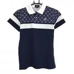 【美品】パーリーゲイツ 半袖ポロシャツ ネイビー×白 一部ロゴ総柄 レディース 0(S) ゴルフウェア PEARLY GATES