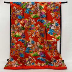 色打掛 正絹 鶴 刺繍 金  打掛 Mサイズ 裄66.5 花嫁衣裳 婚礼 リサイクル 中古 ブライダル ウエディング 着物 4024