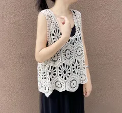 ベスト レディース 春 夏 クロシェ編み トップス 透かし編み プルオーバー ネック かぎ編み カジュアル 無地 レイヤード ニットベスト トップス きれいめ カジュアル フェミニン 無地 大人 かわいいHZQ3137